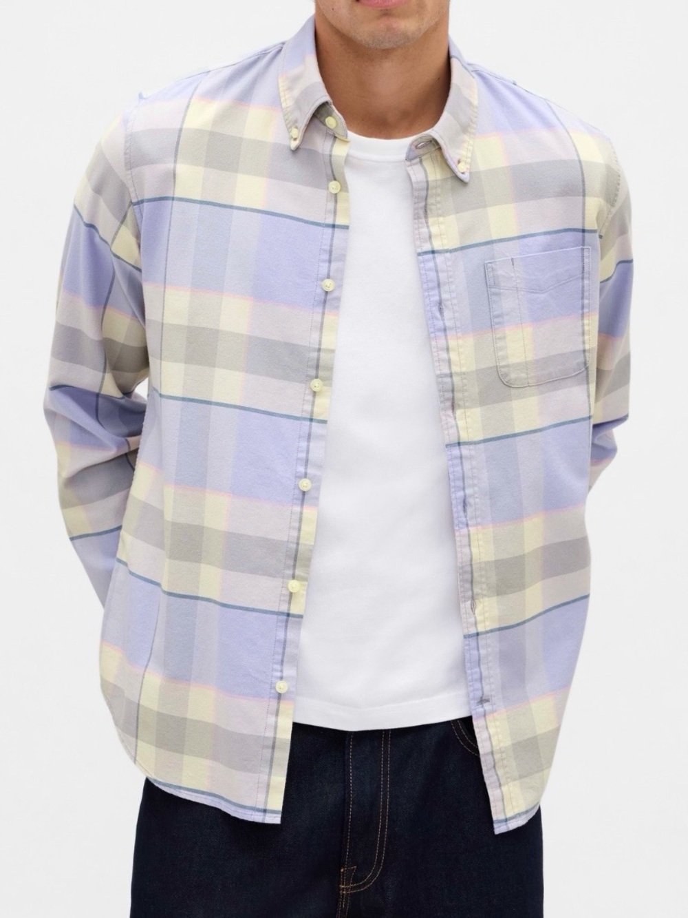 GAP Men's Oxford Button-Down Plaid Shirt Orchid Pastel Cream Size XL